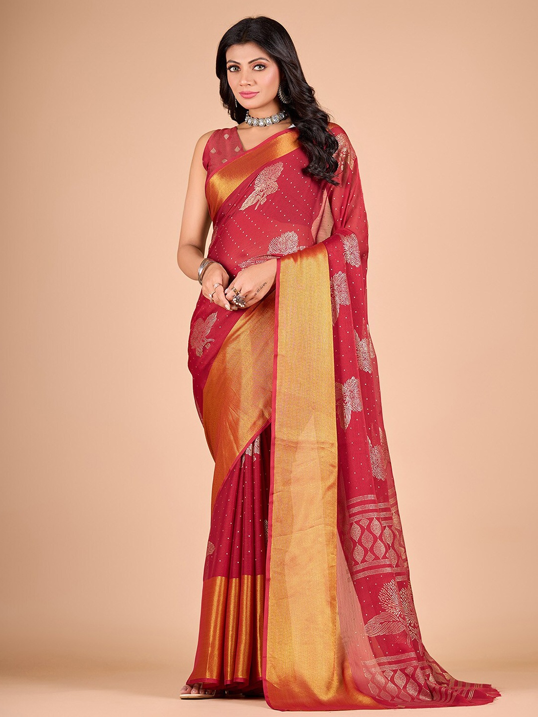 

NIRMAL CREATION Ethnic Motifs Printed Zari Pure Chiffon Saree, Red