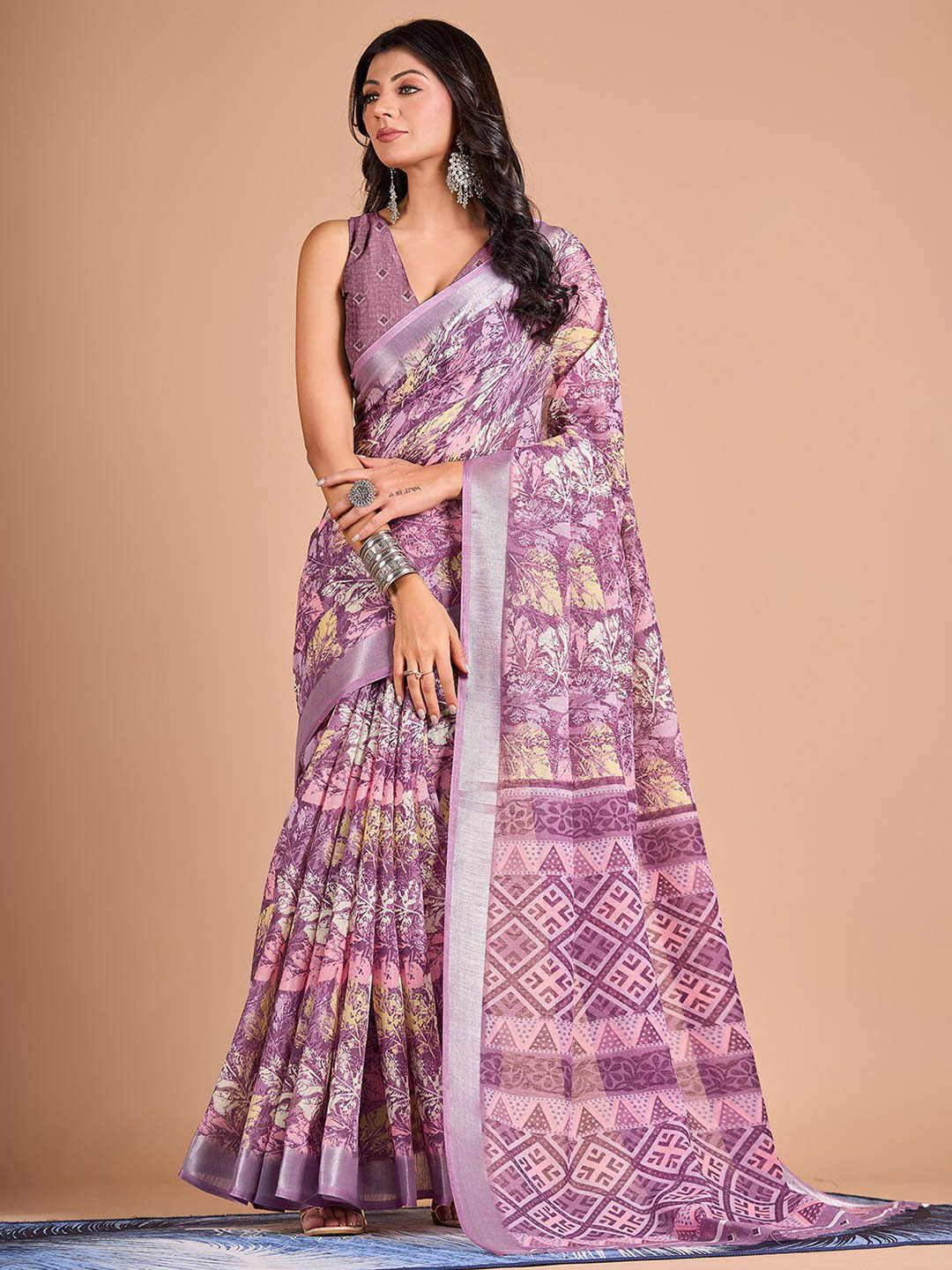 

NIRMAL CREATION Floral Printed Linen Zari Saree, Purple