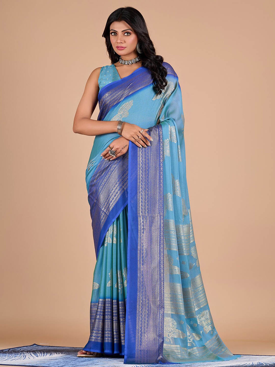 

NIRMAL CREATION Floral Foil Printed Pure Chiffon Saree, Blue