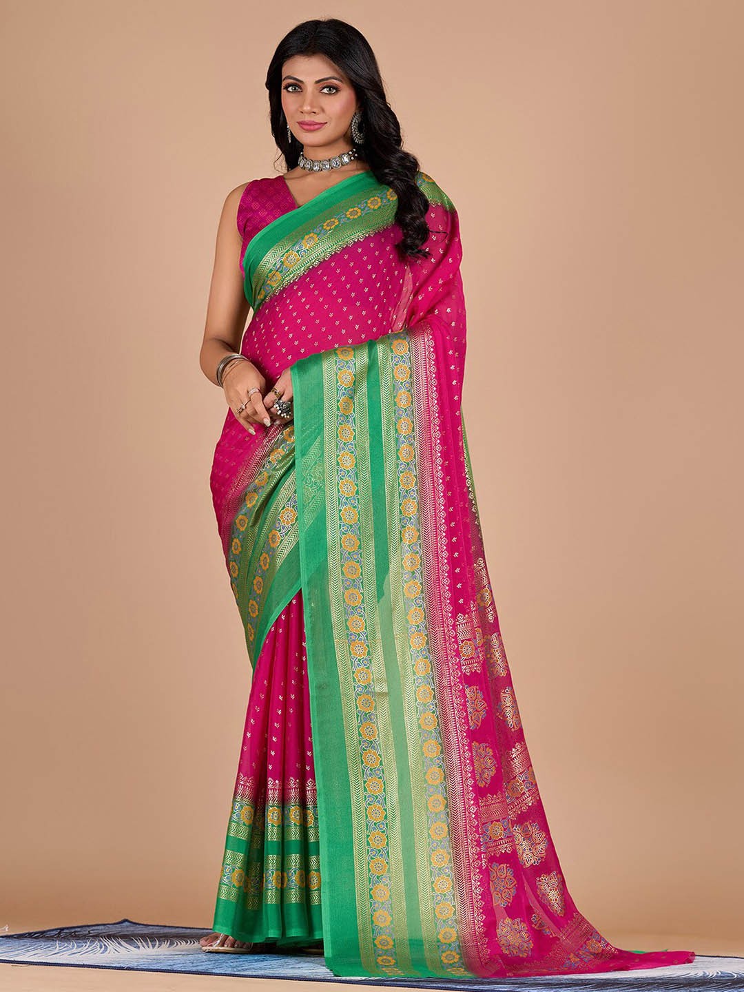 

NIRMAL CREATION Ethnic Motifs Printed Zari Pure Chiffon Saree, Pink