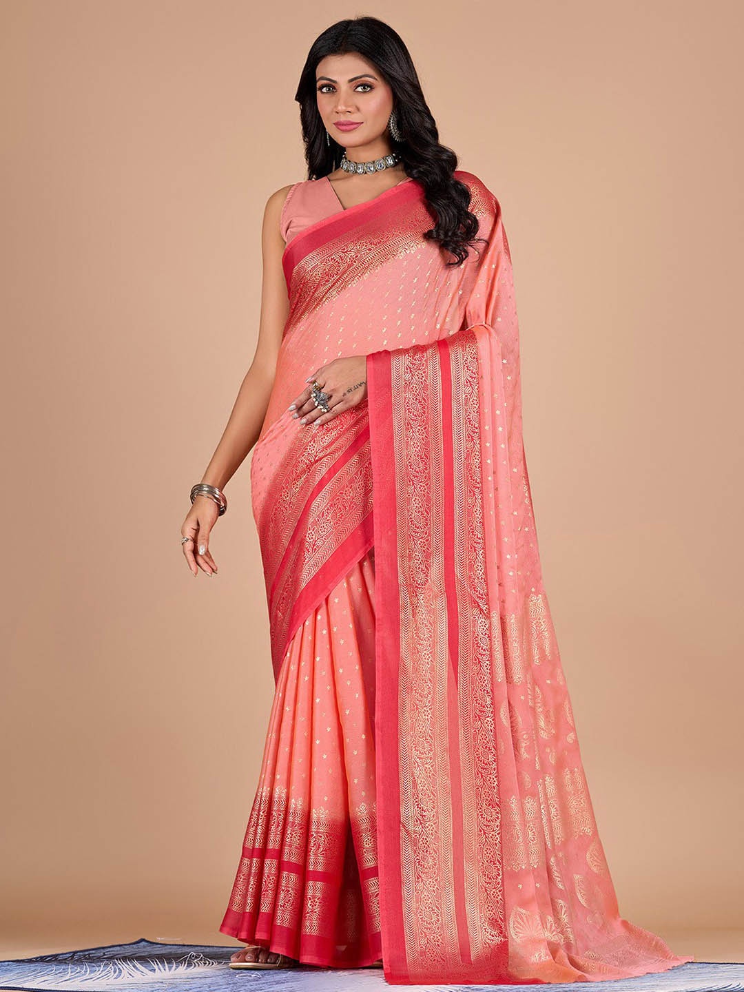 

NIRMAL CREATION Ethnic Motifs Foil Printed Pure Chiffon Saree, Peach