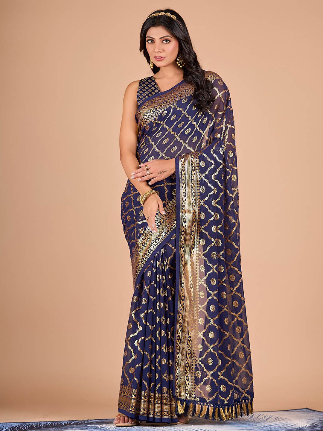 

NIRMAL CREATION Ethnic Motifs Foil Printed Pure Chiffon Saree, Navy blue