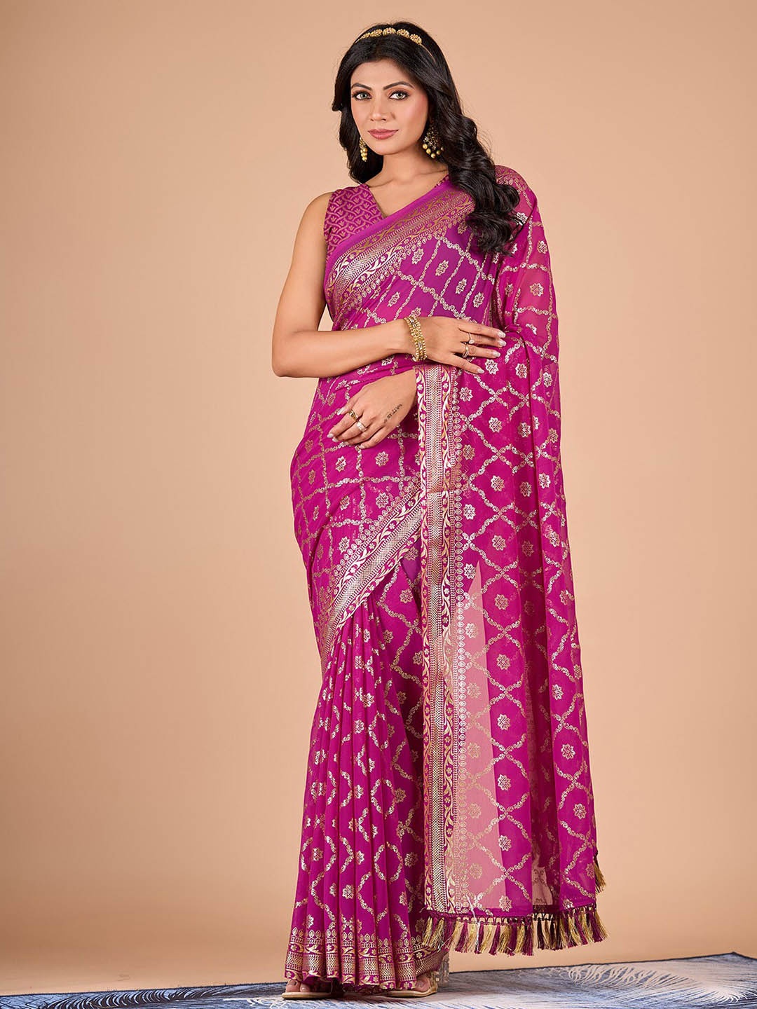 

NIRMAL CREATION Ethnic Motifs Foil Printed Zari Pure Chiffon Saree, Pink