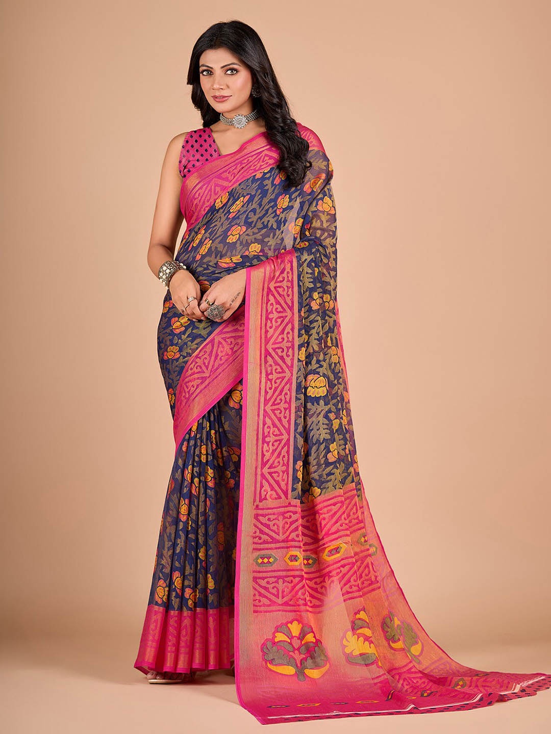 

NIRMAL CREATION Ethnic Motifs Printed Chiffon Brasso Saree, Navy blue