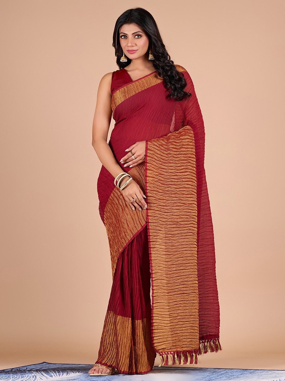 

NIRMAL CREATION Printed Border Pure Chiffon Saree, Maroon
