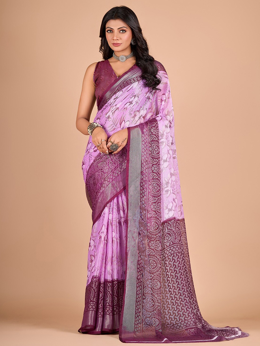 

NIRMAL CREATION Floral Printed Brasso Saree, Lavender