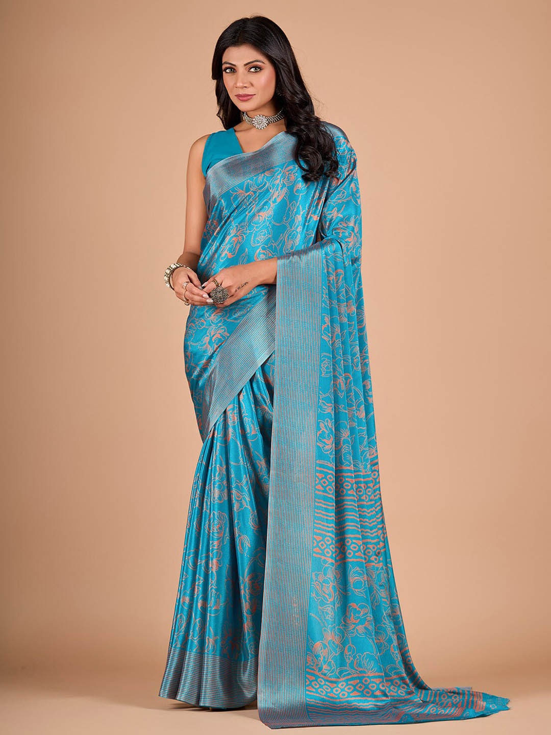 

NIRMAL CREATION Floral Printed Saree, Turquoise blue