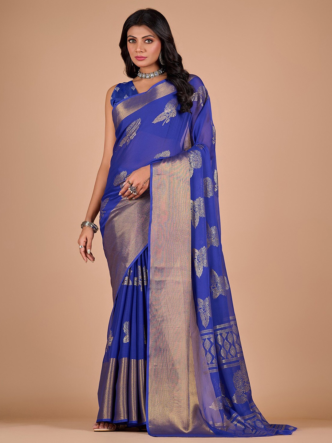 

NIRMAL CREATION Floral Foil Printed Zari Pure Chiffon Saree, Blue