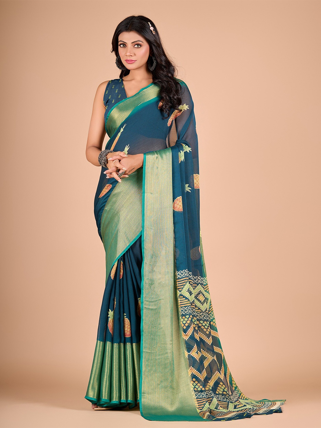 

NIRMAL CREATION Geometric Printed Zari Pure Chiffon Saree, Green