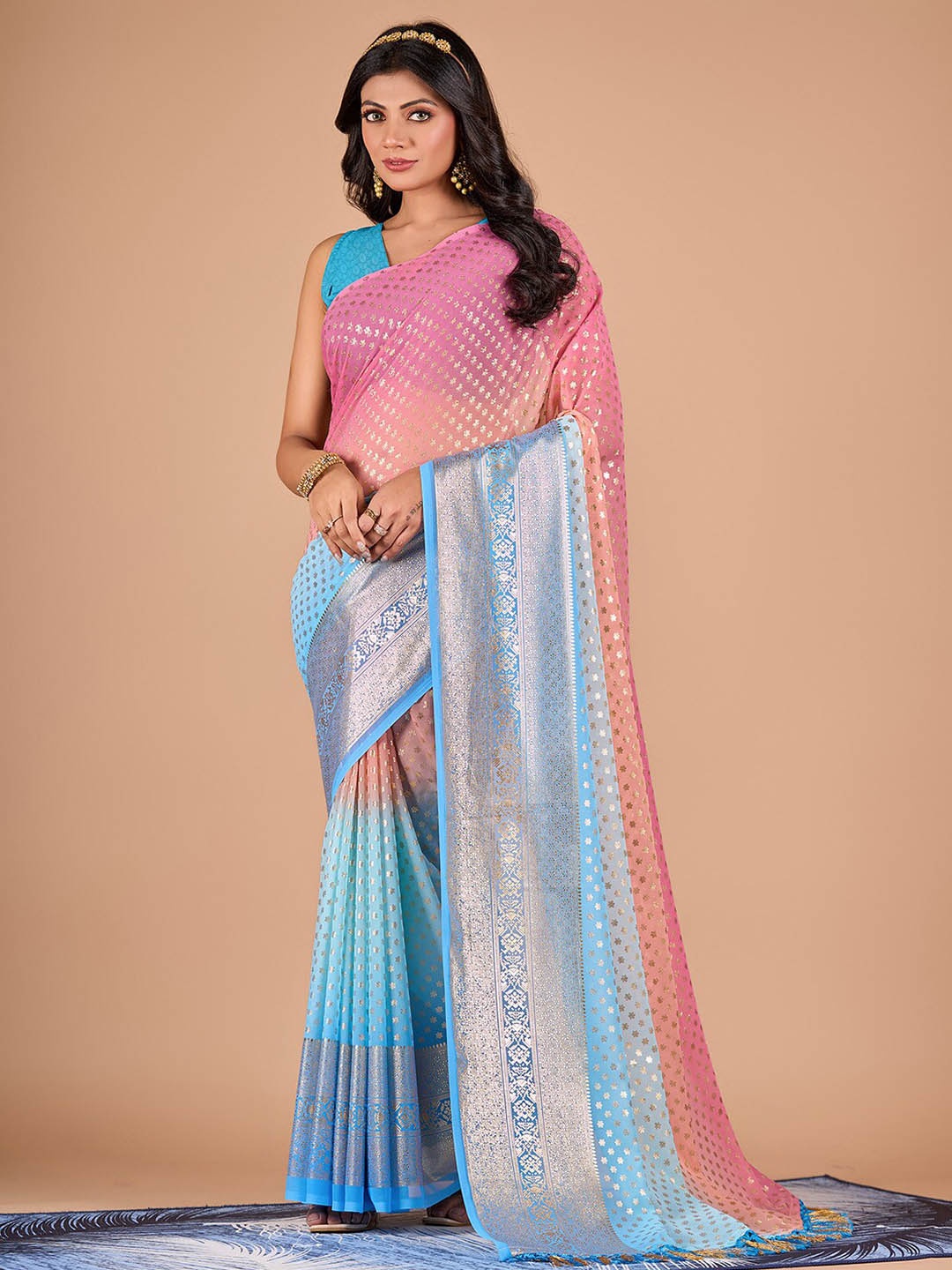 

NIRMAL CREATION Ethnic Motifs Printed Zari Tasseled Pure Chiffon Saree, Blue