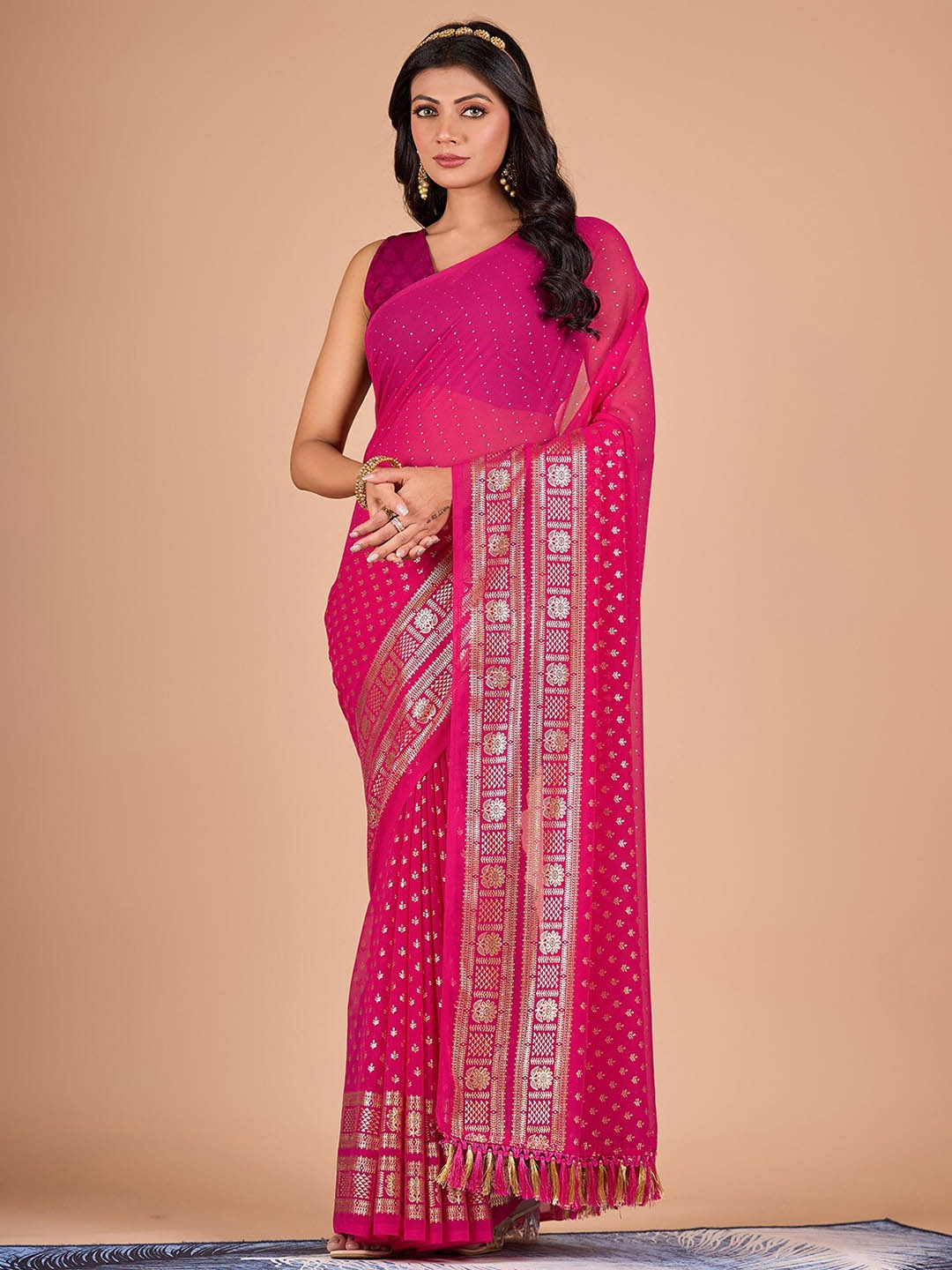 

NIRMAL CREATION Ethnic Motifs Foil Printed Pure Chiffon Saree, Pink