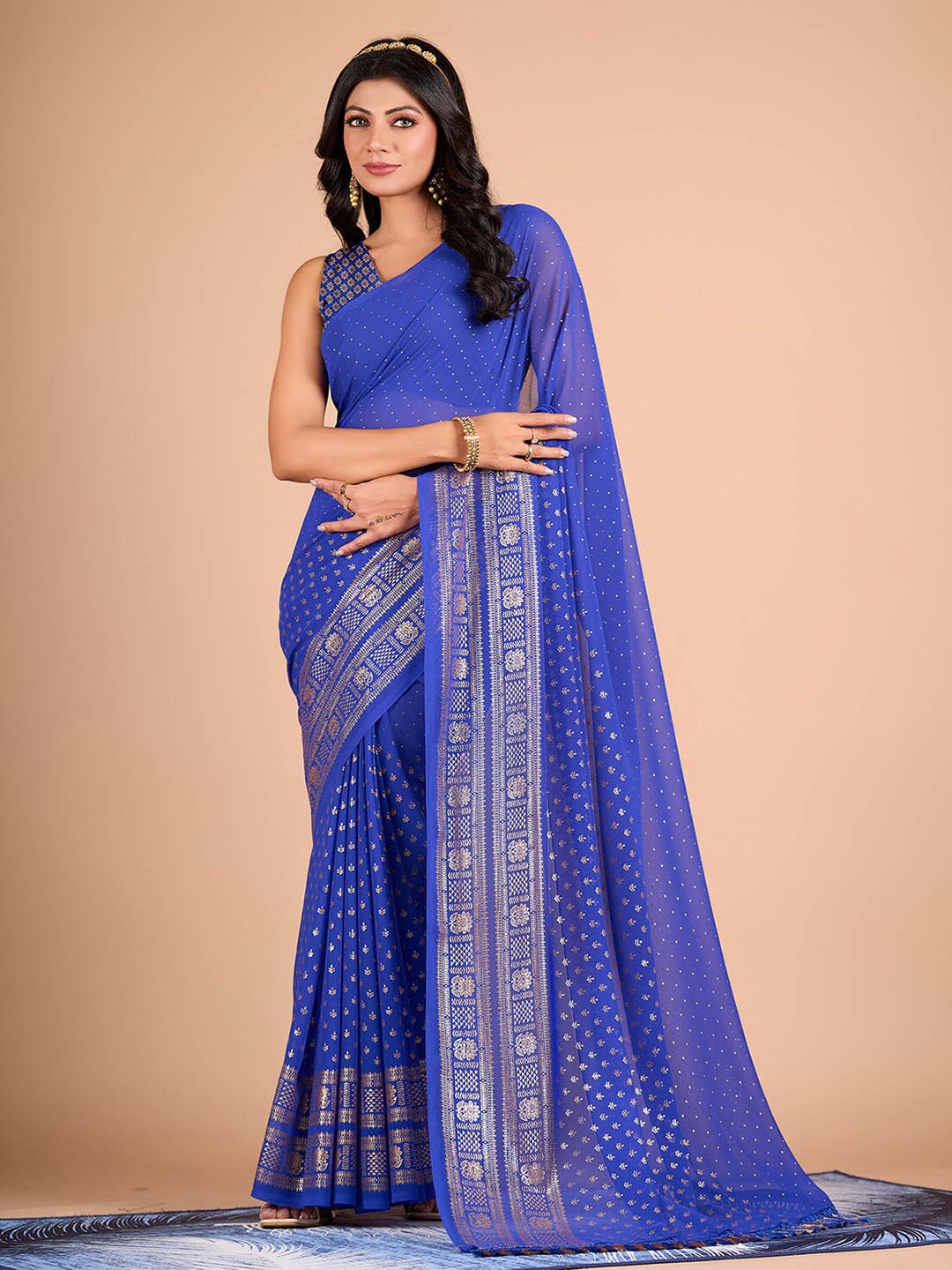 

NIRMAL CREATION Ethnic Motifs Foil Printed Pure Chiffon Saree, Blue