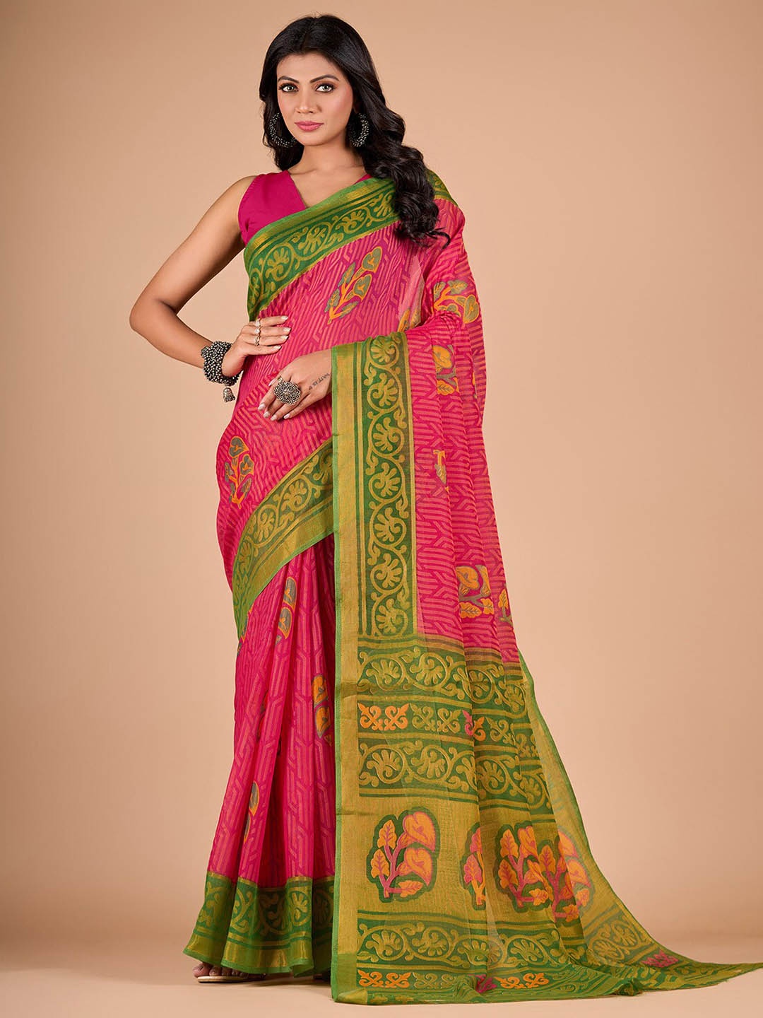 

NIRMAL CREATION Ethnic Motifs Printed Brasso Saree, Pink