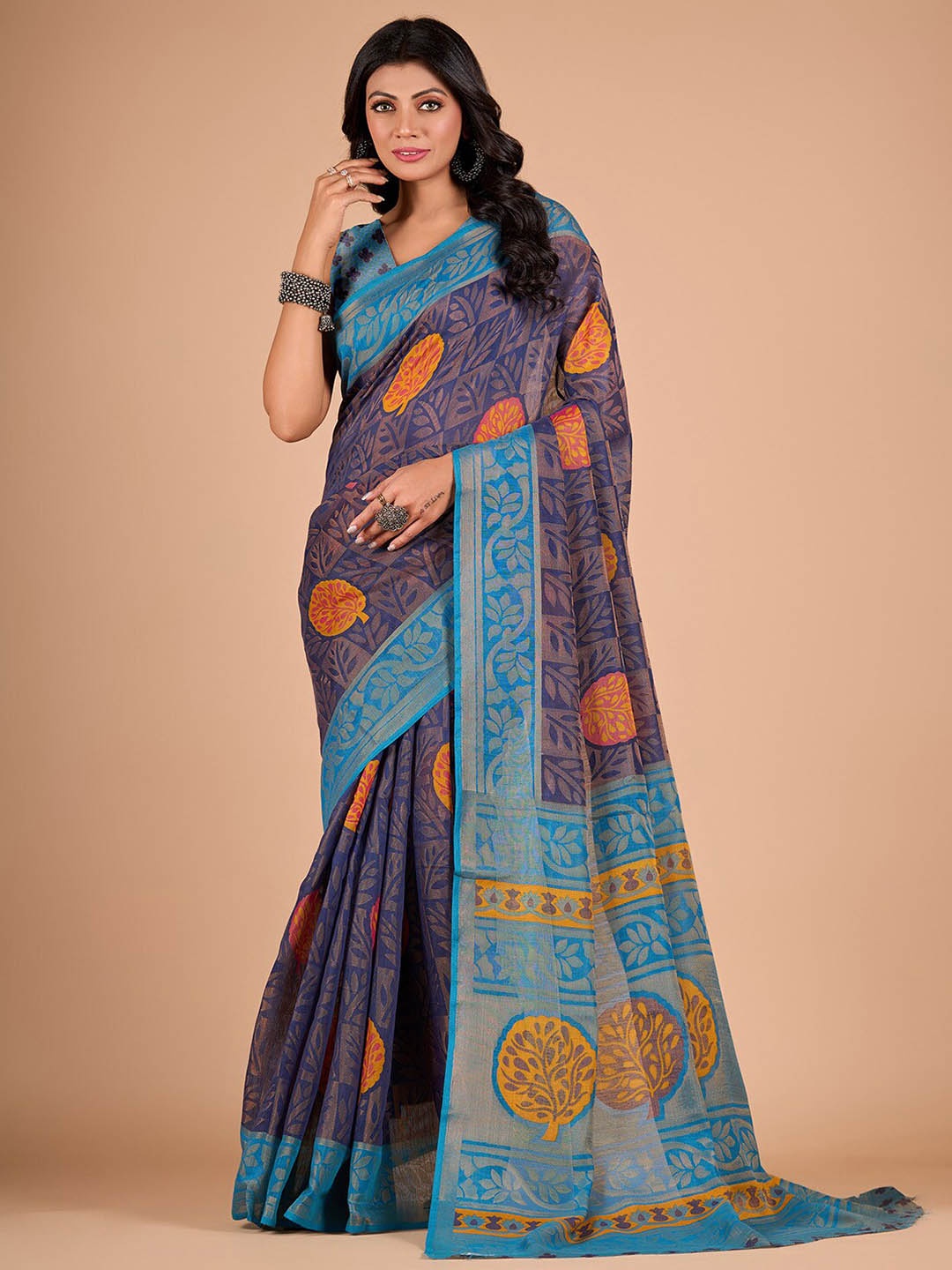 

NIRMAL CREATION Ethnic Motifs Printed Zari Brasso Saree, Blue