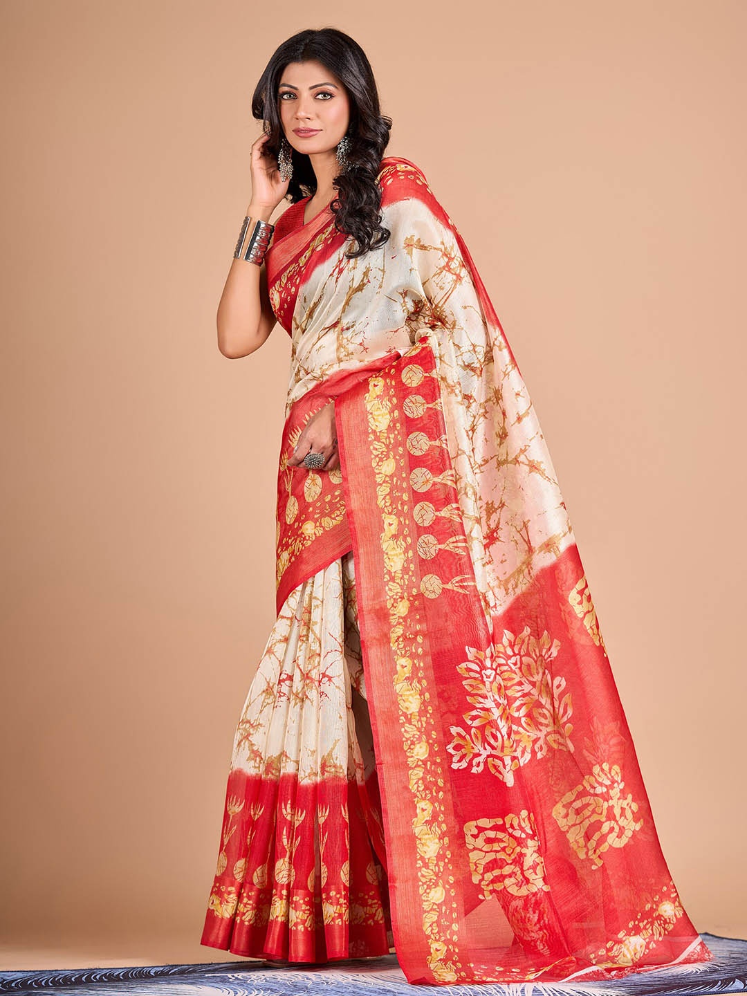 

NIRMAL CREATION Batik Printed Linen Zari Kanjeevaram Saree, Cream