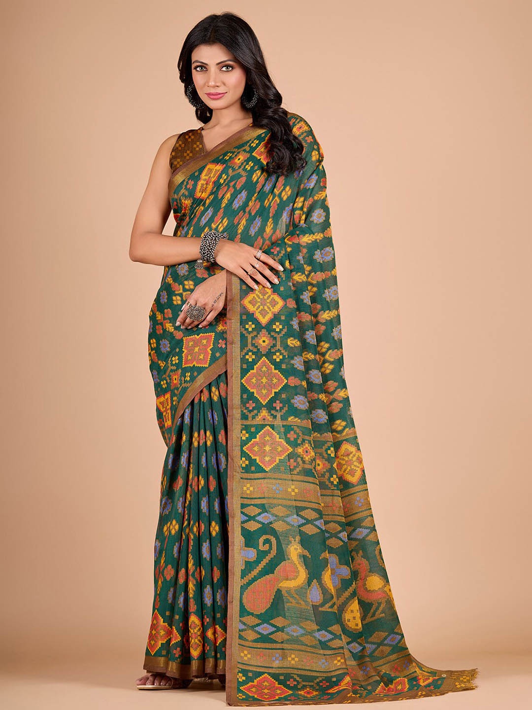 

NIRMAL CREATION Ethnic Motifs Printed Brasso Saree, Green