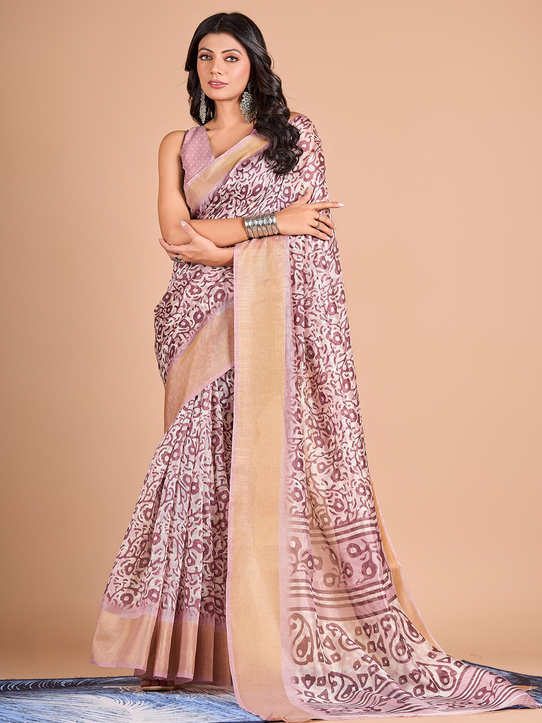 

NIRMAL CREATION Floral Printed Zari Pure Cotton Chanderi Saree, Cream