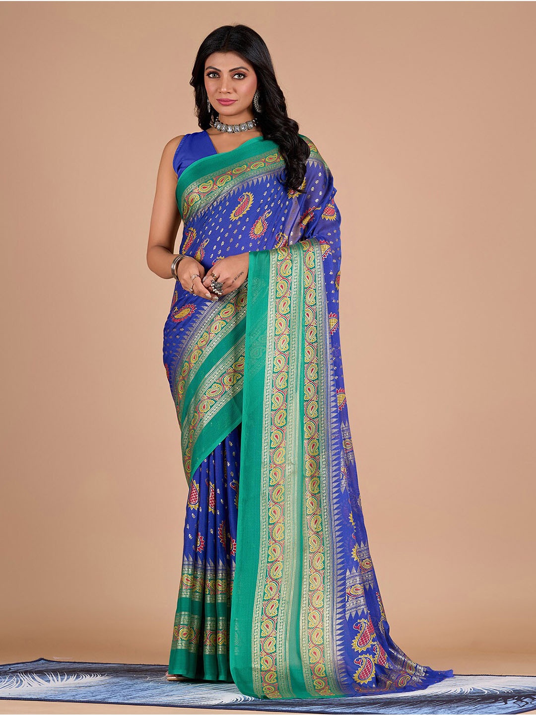 

NIRMAL CREATION Paisley Printed Pure Chiffon Saree, Blue