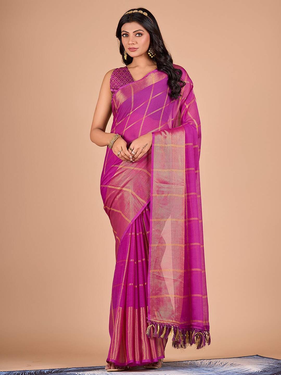

NIRMAL CREATION Checked Woven Design Zari Pure Chiffon Saree, Rose
