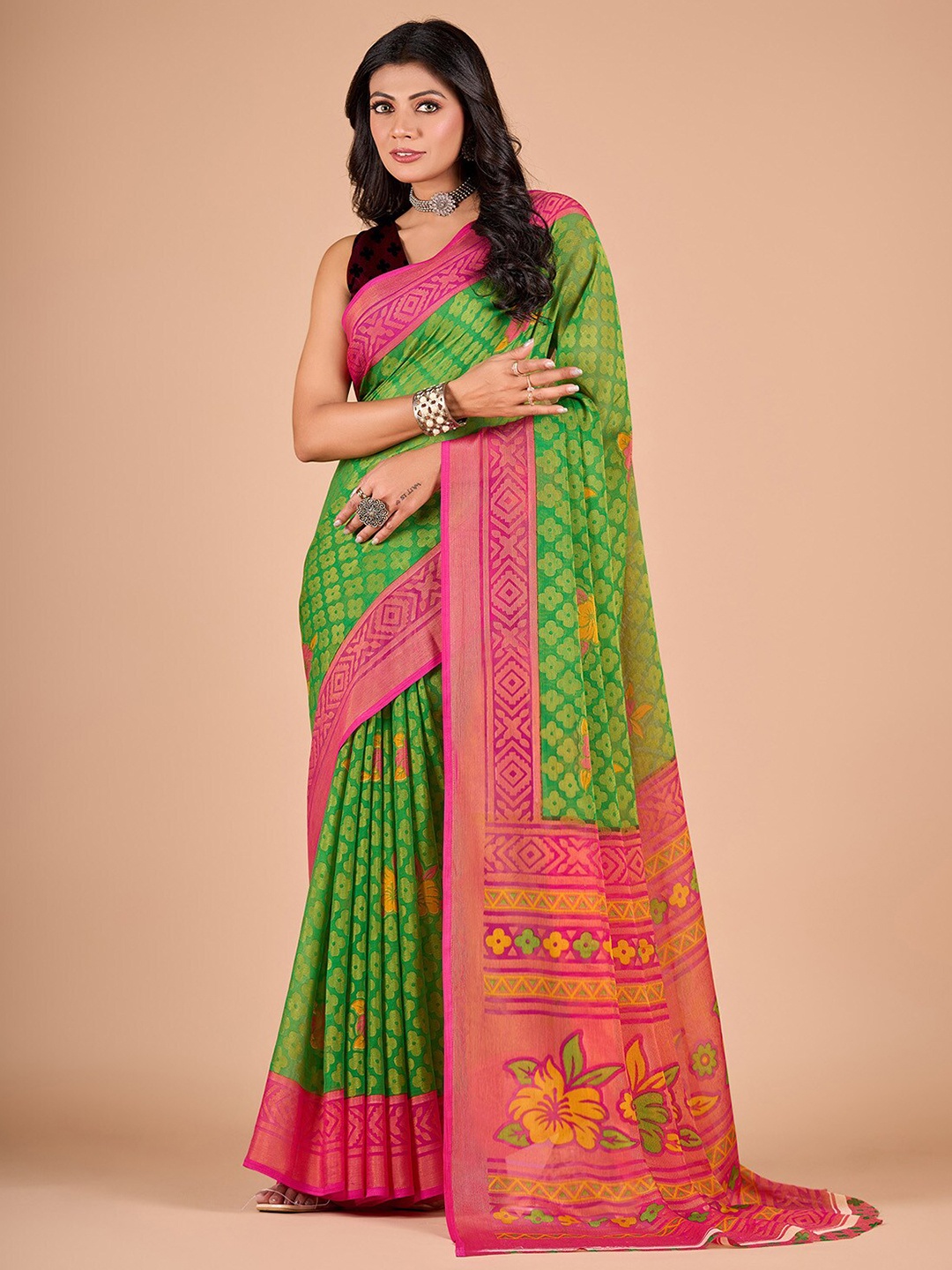 

NIRMAL CREATION Floral Printed Zari Brasso Saree, Green