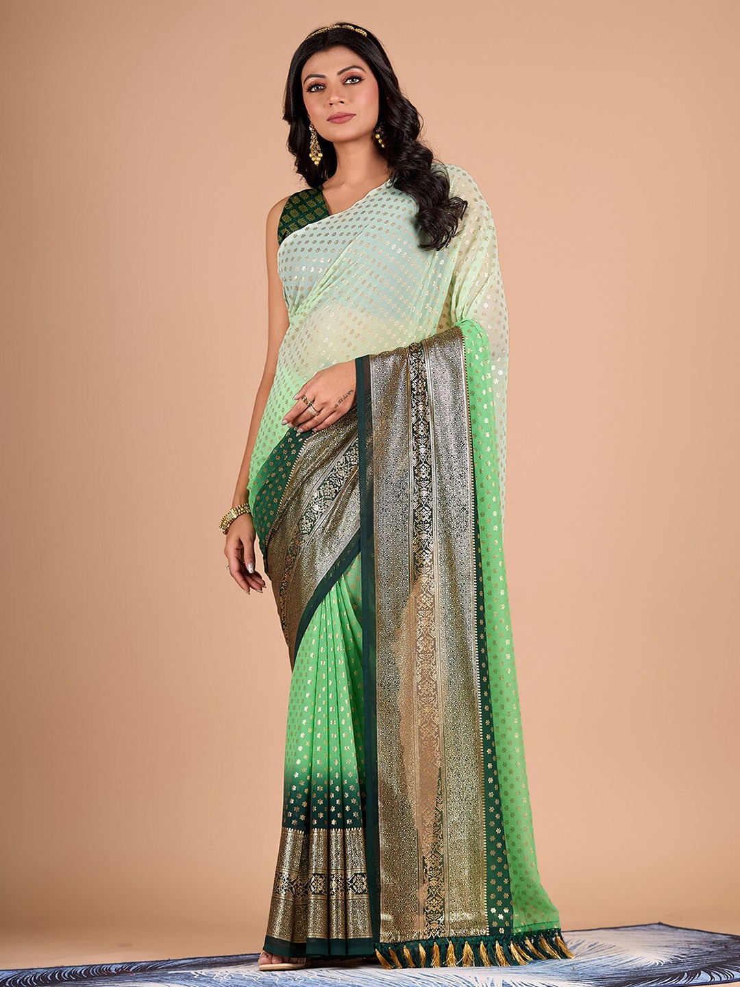 

NIRMAL CREATION Ethnic Motifs Woven Design Pure Chiffon Saree, Green