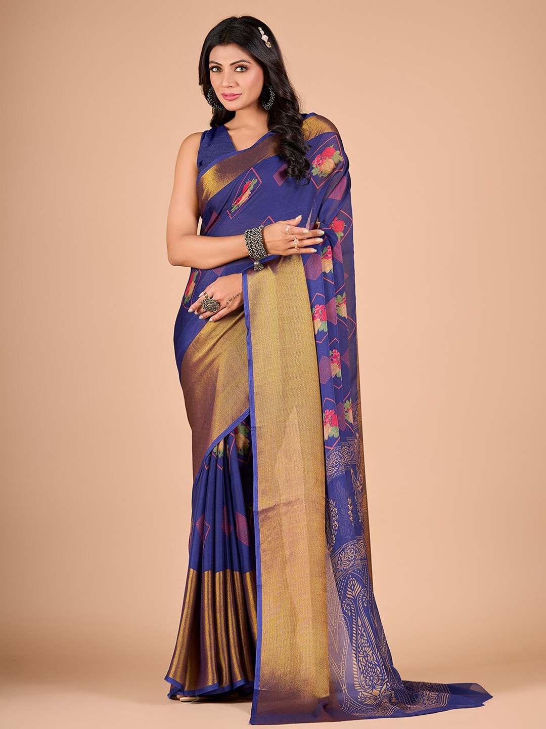 

NIRMAL CREATION Floral Printed Zari Pure Chiffon Saree, Navy blue