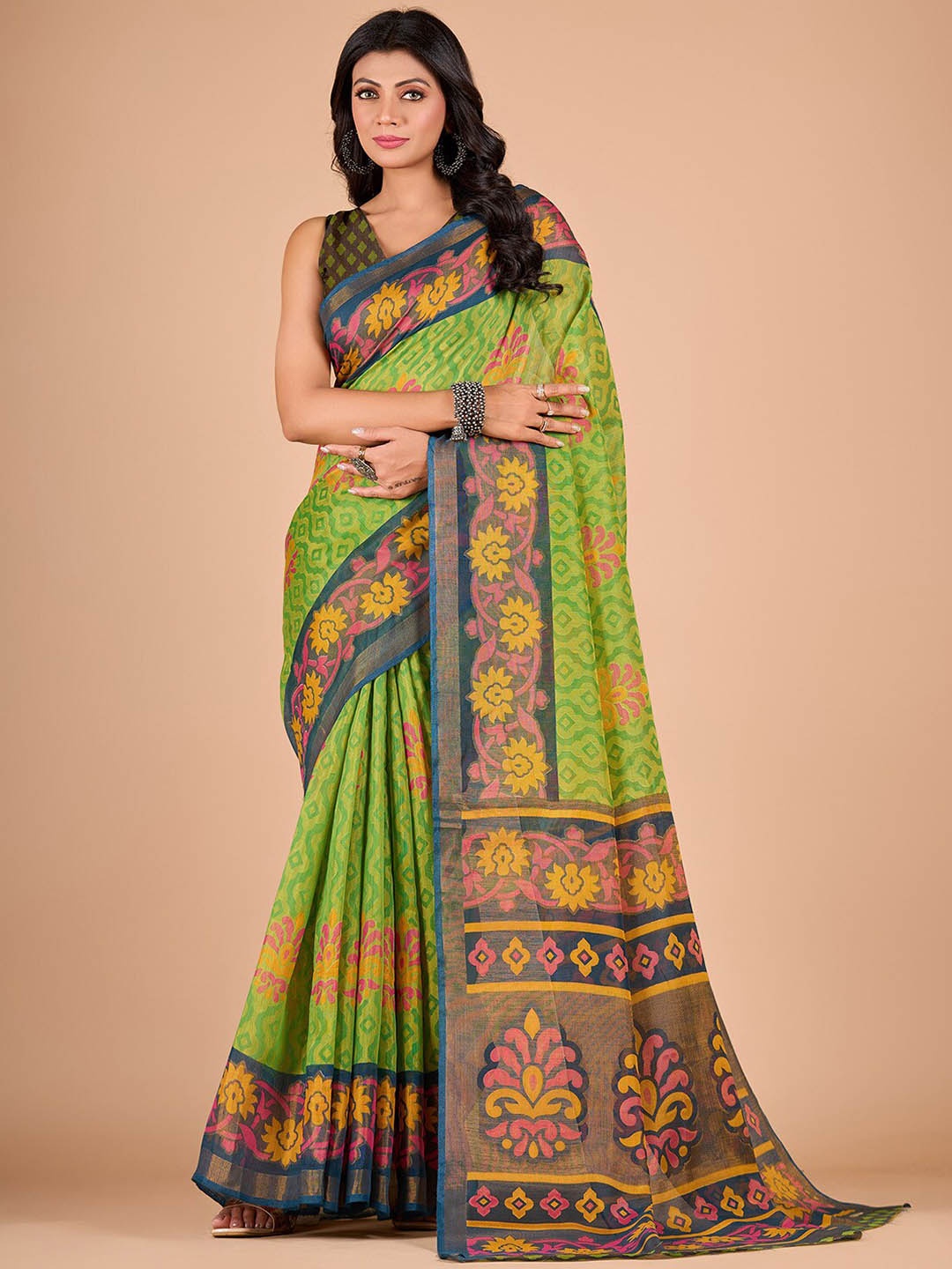 

NIRMAL CREATION Ethnic Motifs Printed Brasso Saree, Green