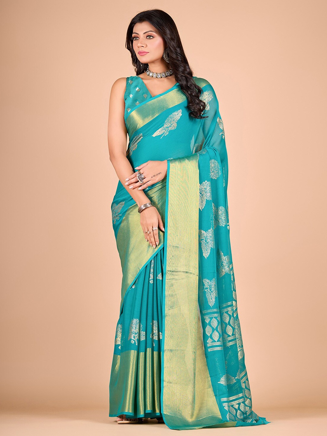 

NIRMAL CREATION Ethnic Motifs Woven Design Pure Chiffon Saree, Teal