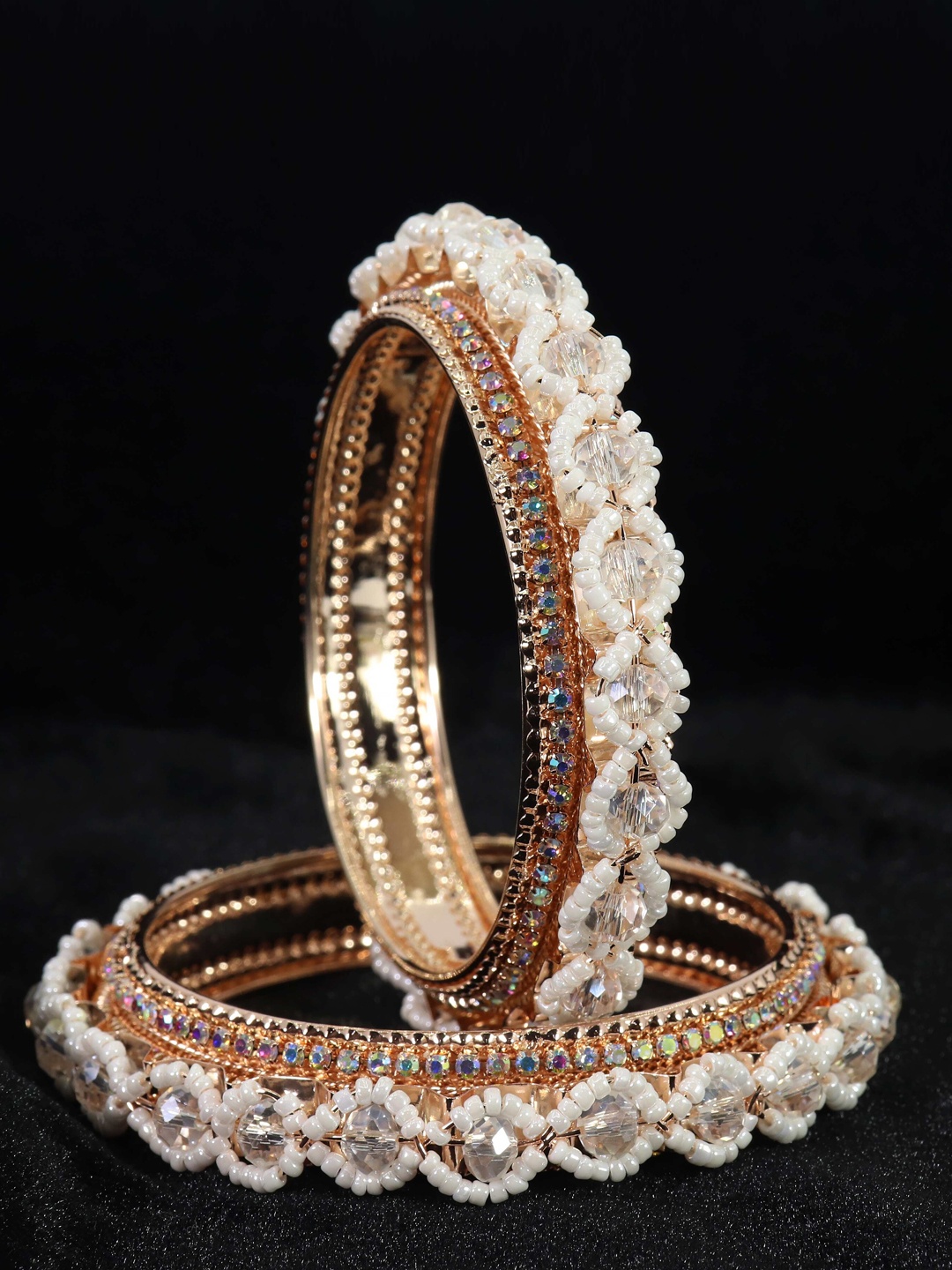 

NMII Set Of 2 AD Stone Studded & Beaded Kada Bangles, Rose gold