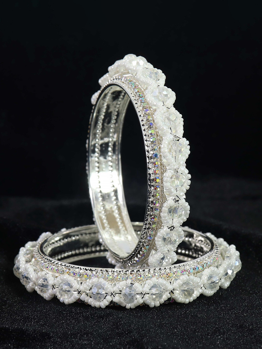 

NMII Set Of 2 American Diamond & Pearls Studded Bangles, Silver