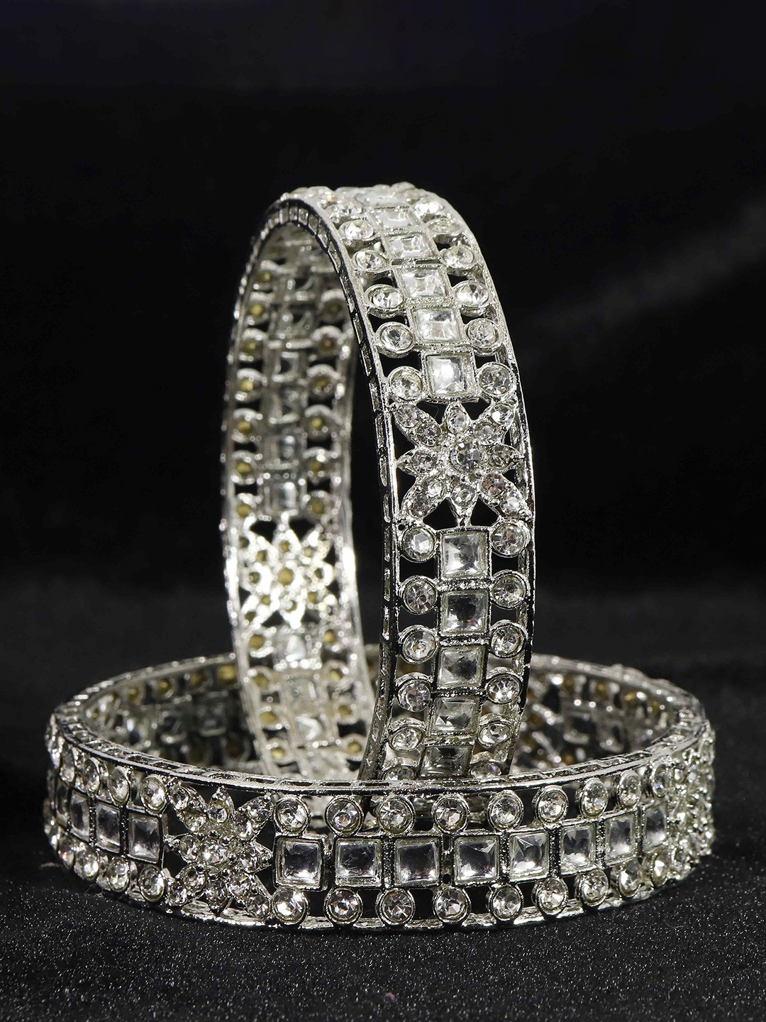 

NMII Set Of 2 Silver-Plated American Diamond Studded Kada Bangles