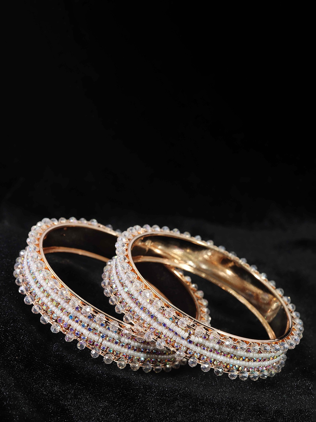 

NMII Set Of 2 Pearls & Zircon Studded Bangles, Rose gold