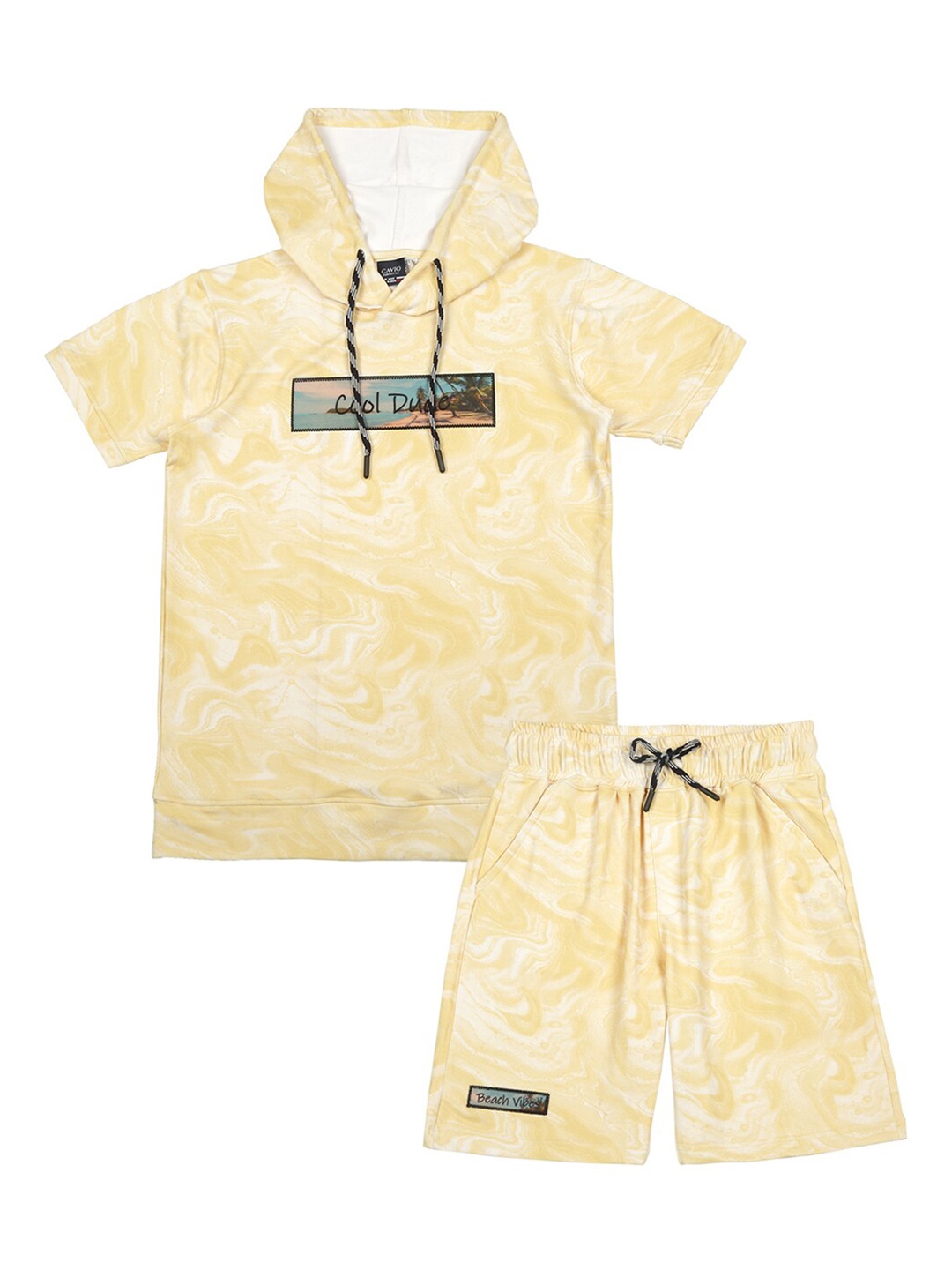 

CAVIO Boys Printed Hooded Short Sleeves Pure Cotton T-shirt with Shorts, Yellow