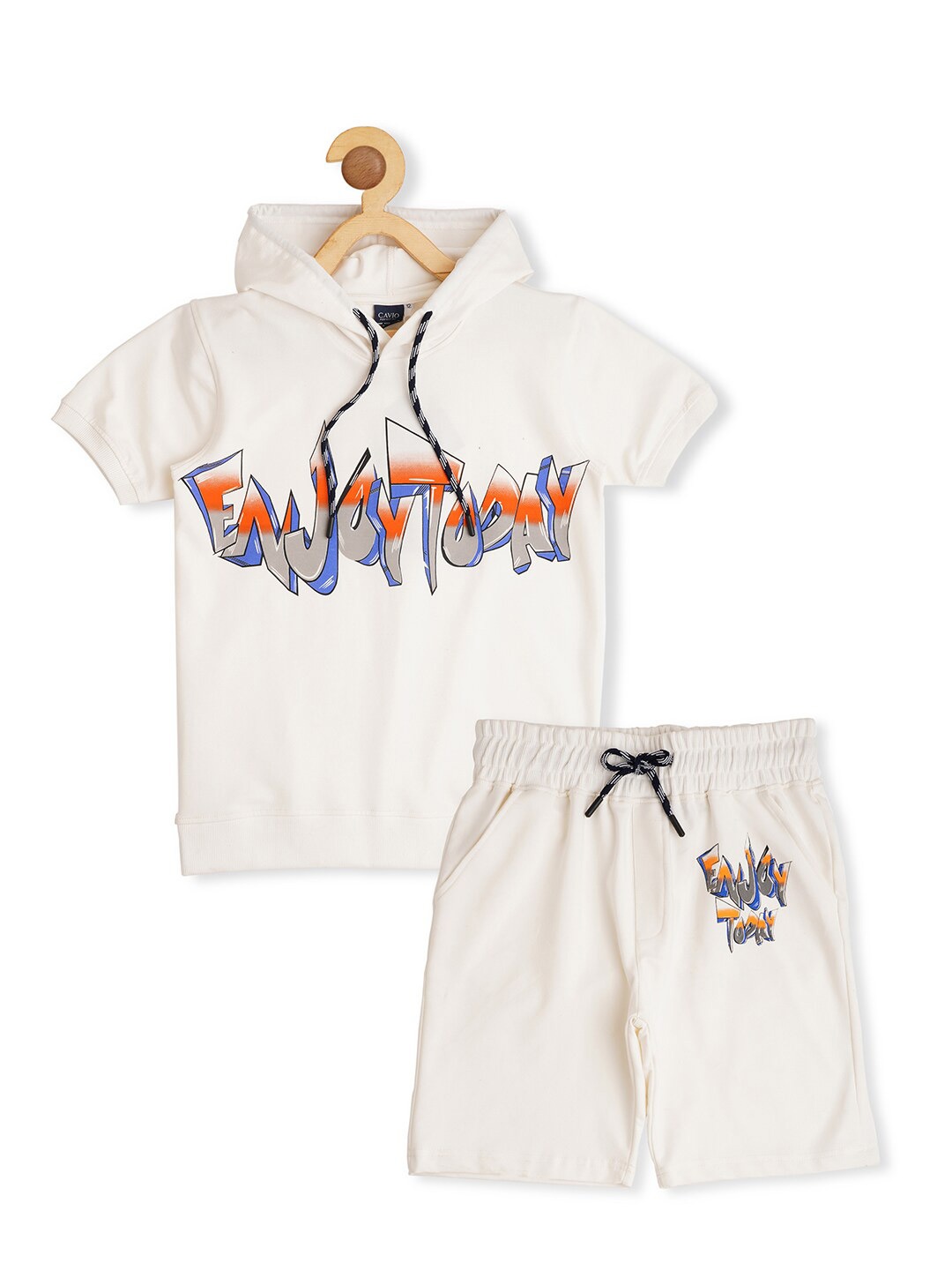 

CAVIO Boys Printed Hooded Short Sleeves Pure Cotton T-shirt with Shorts, White