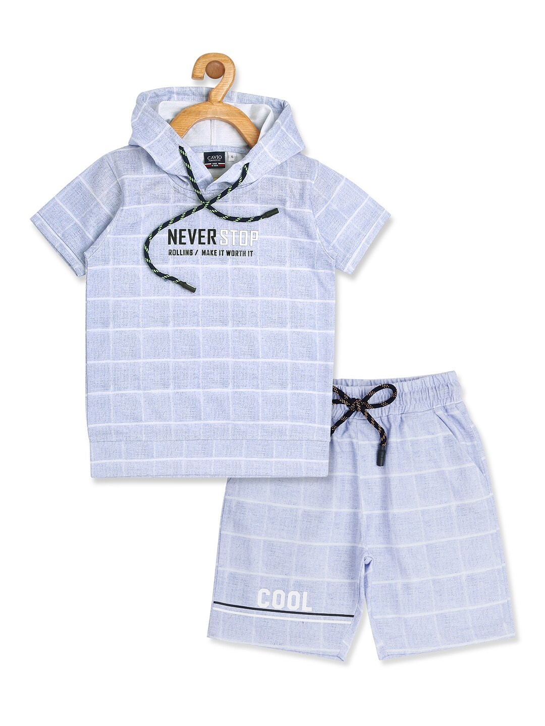 

CAVIO Boys Hooded Checked T-shirt with Shorts, Blue