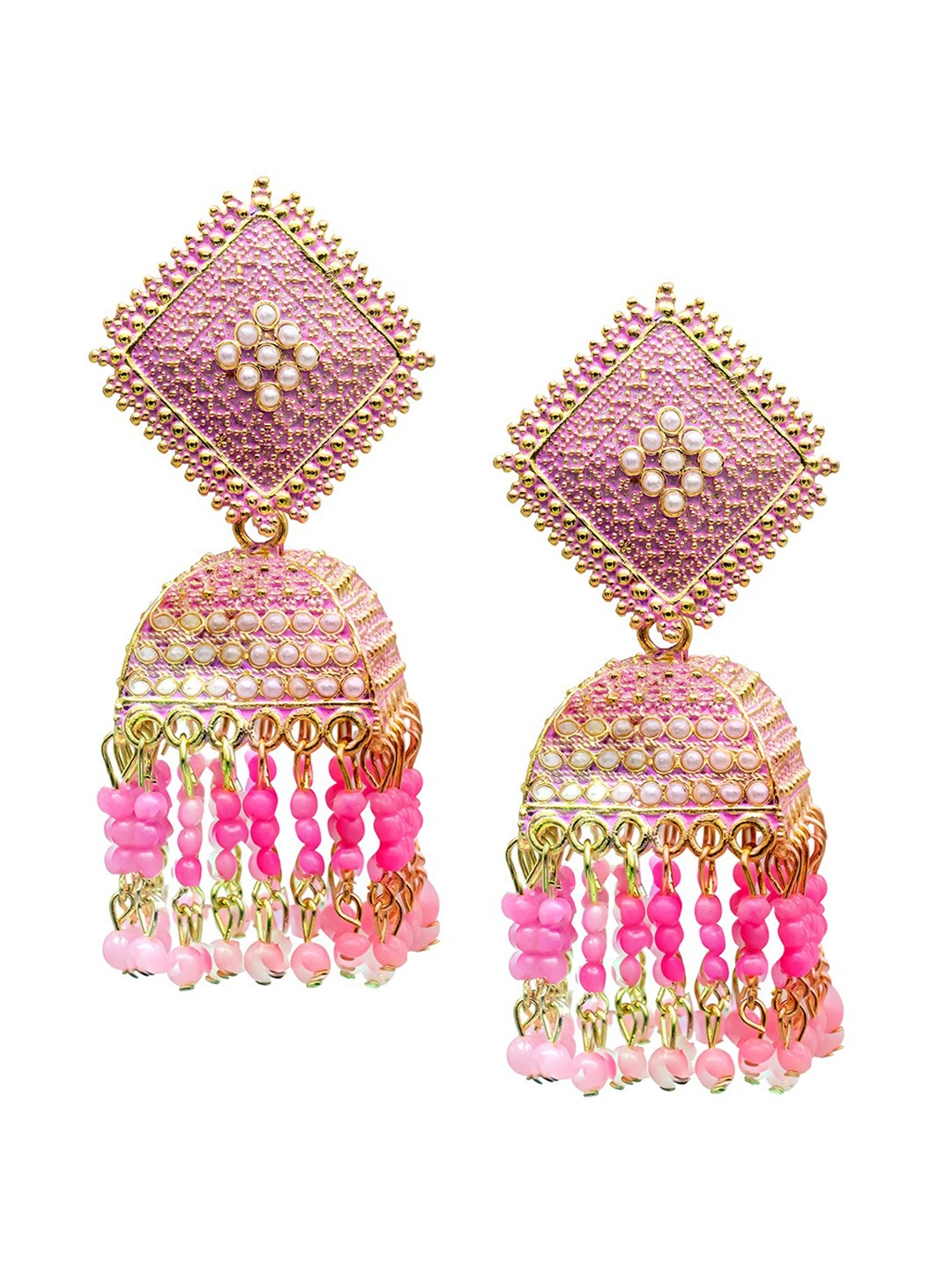 

Shining Jewel - By Shivansh Gold Plated Cubic Zirconia Dome Shaped Jhumkas, Pink
