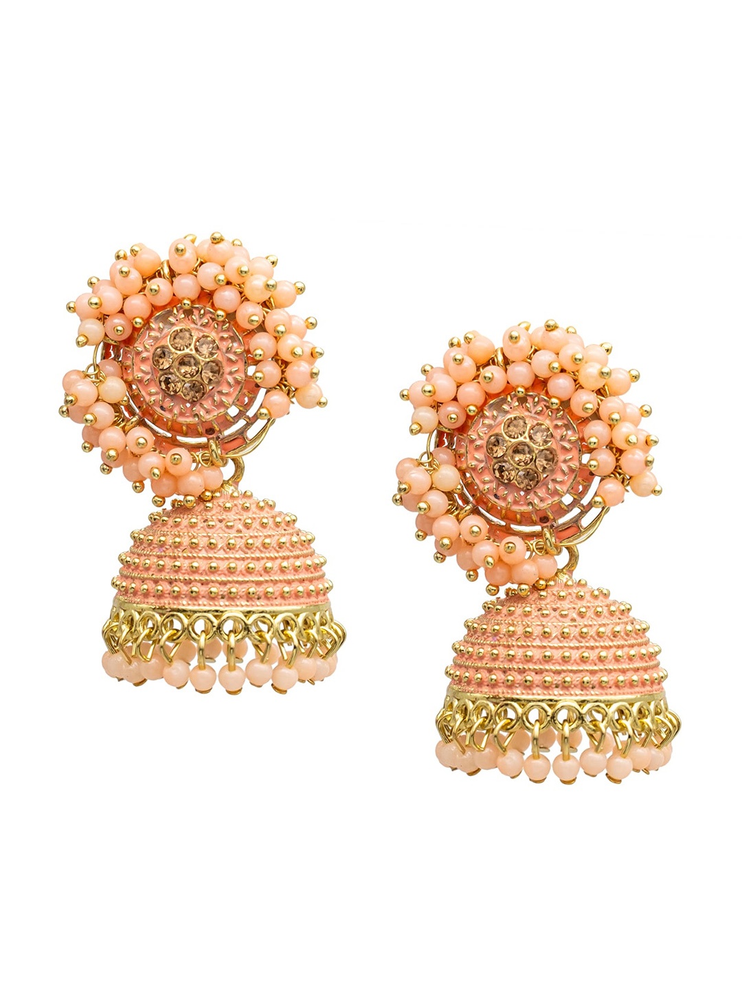 

Shining Jewel - By Shivansh Gold Plated Cubic Zirconia Dome Shaped Jhumkas, Pink