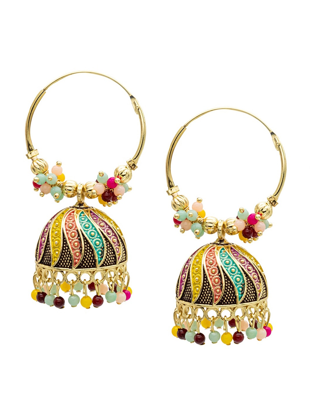 

Shining Jewel - By Shivansh Gold-Plated Cubic Zirconia- Studded Brass Dome Shaped Jhumkas