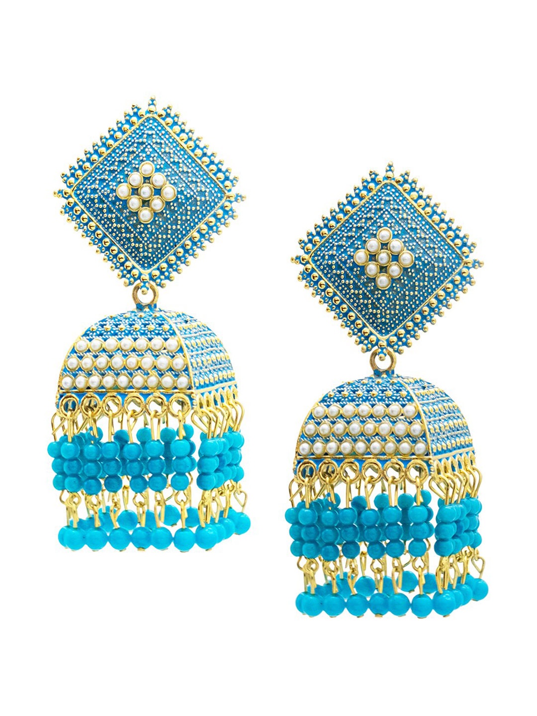 

Shining Jewel - By Shivansh Gold Plated Cubic Zirconia Dome Shaped Jhumkas, Blue