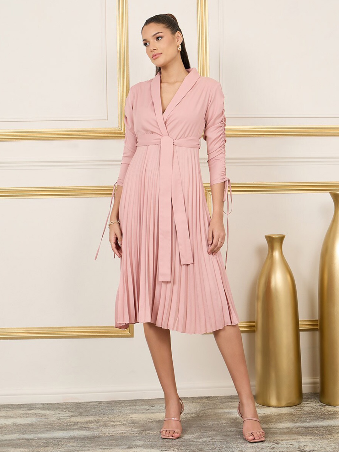 

Styli Pink Lapel Collar Accordion Pleated Wrap Midi Dress