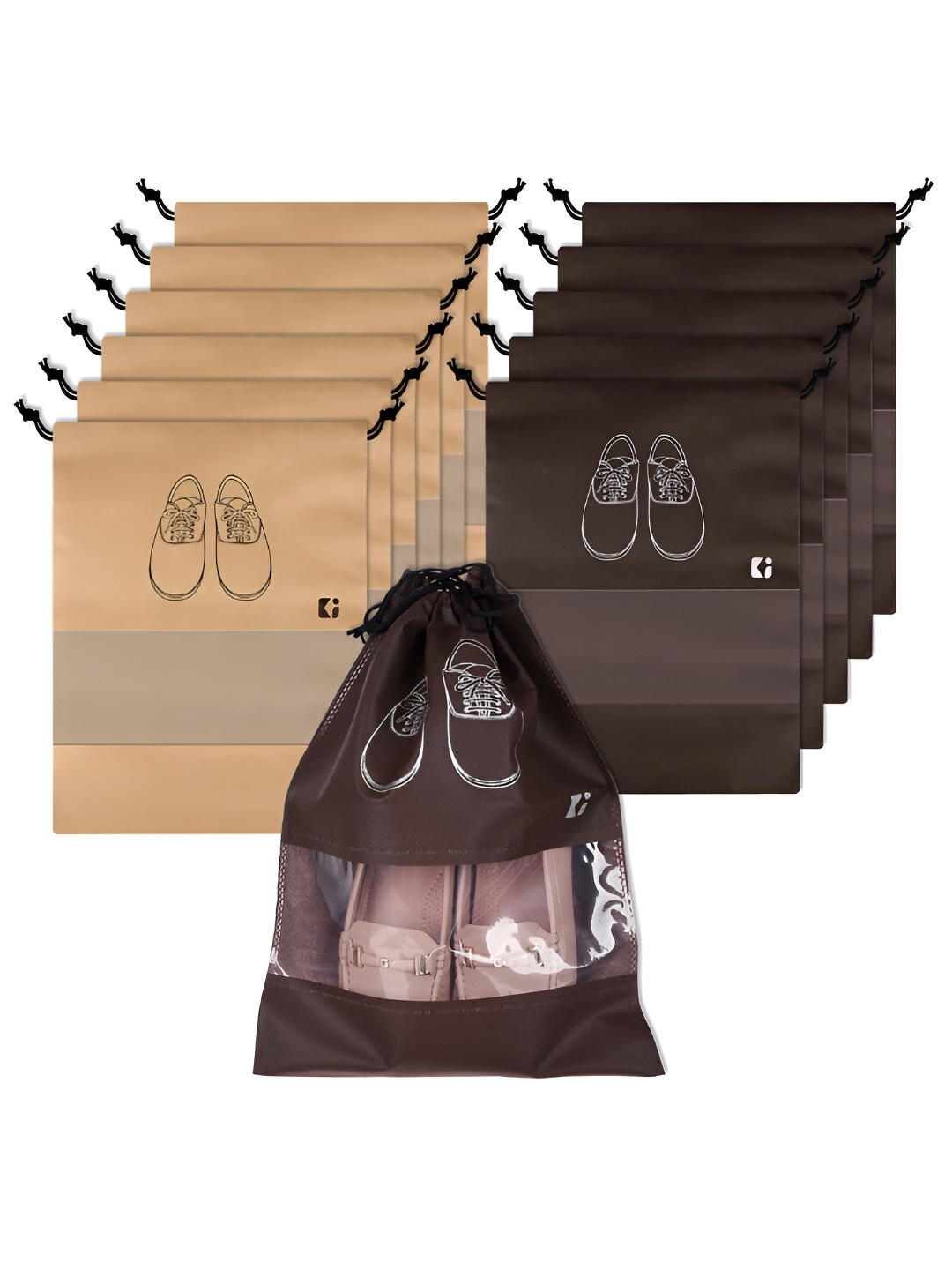

Kuber Industries 12 Pcs Non-Woven Shoe Cover Bags with Transparent Window, Beige