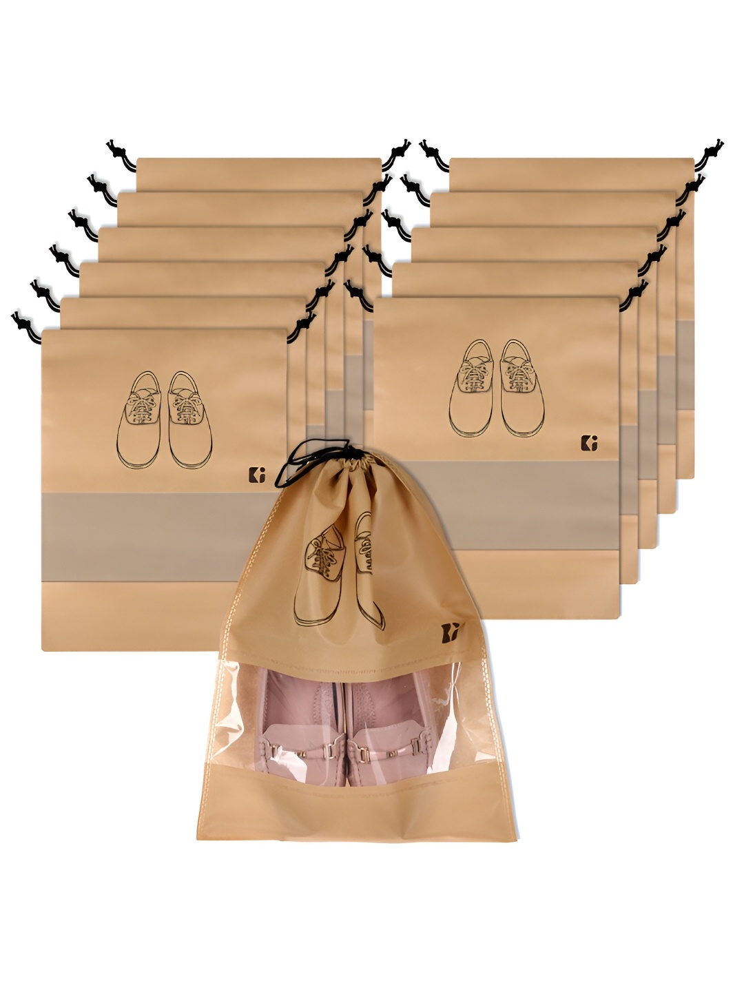 

Kuber Industries 12 Pcs Non-Woven Shoe Cover Bags with Transparent Window, Beige