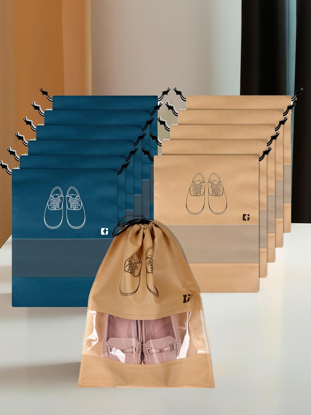 

Kuber Industries Teal Blue & Beige Printed 12 Pcs Shoe Organisers
