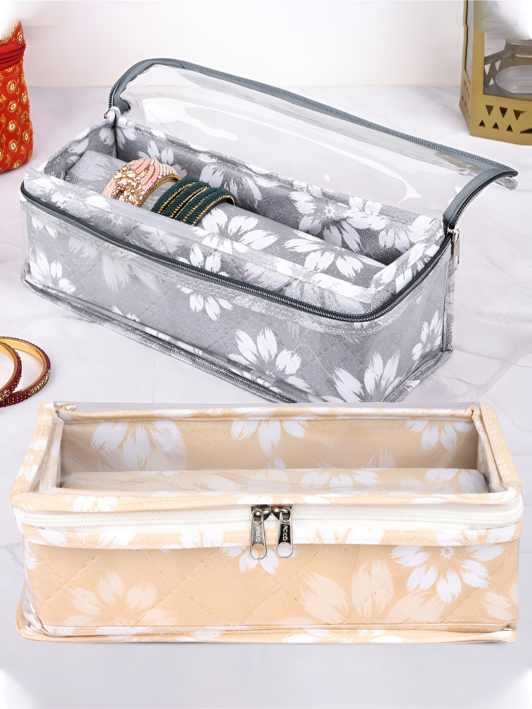

Kuber Industries Grey & White 2 Pieces Printed Jewellery Organisers
