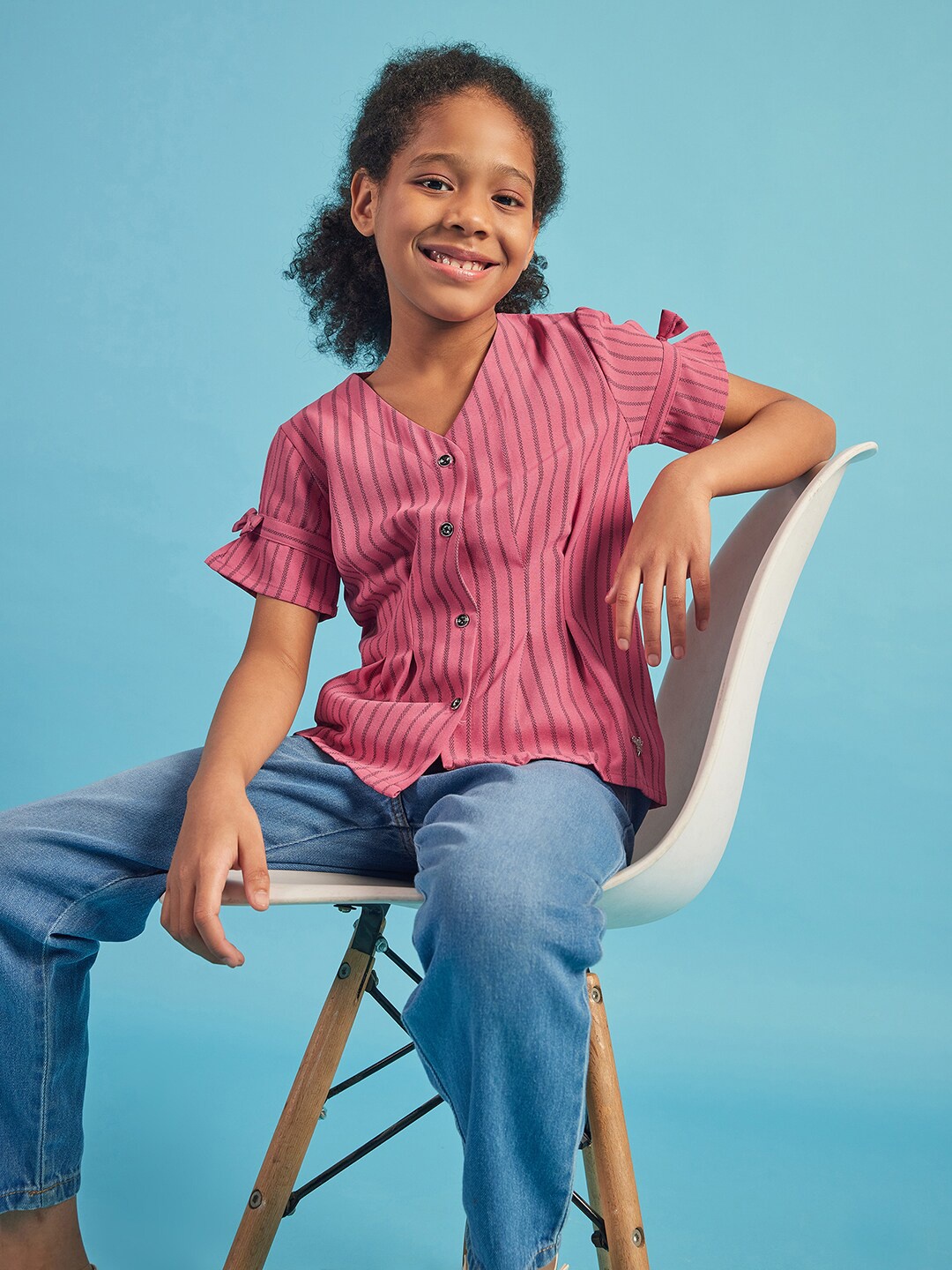 

PAMPOLINA Girls Striped V-Neck Bell Sleeve Cotton Top, Coral