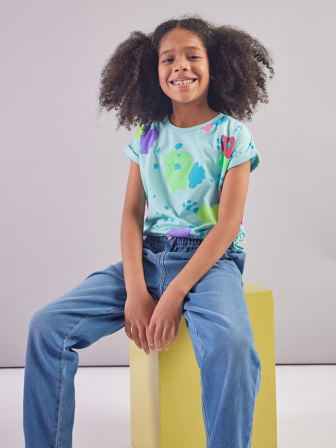 

PAMPOLINA Girls Round Neck Print Cotton Top, Blue