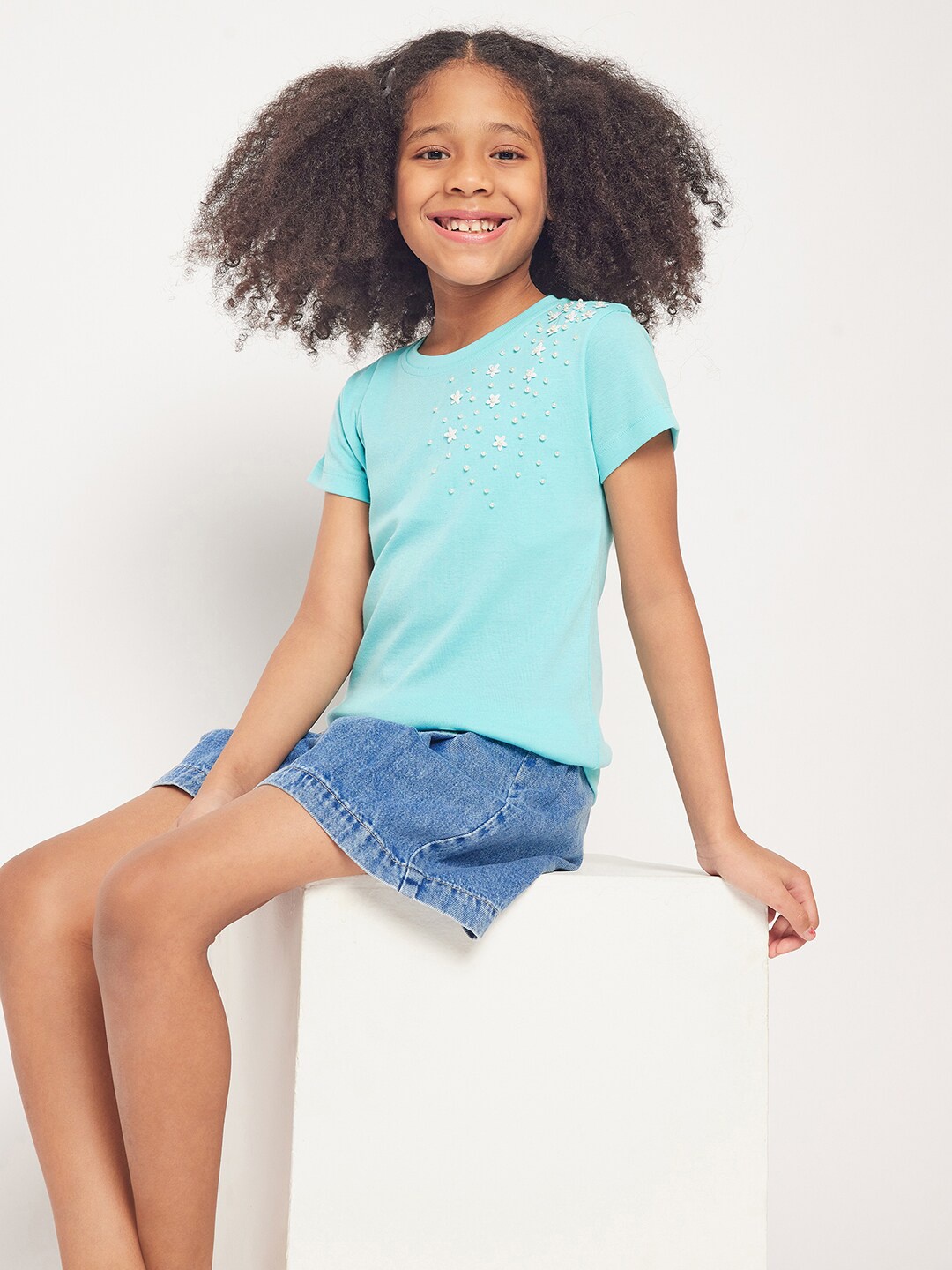 

PAMPOLINA Girls Embellished Cotton Top, Blue