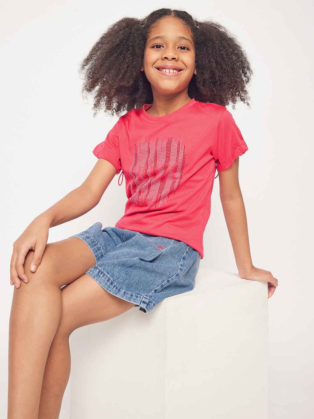 

PAMPOLINA Girls Embelished Cotton Top, Coral