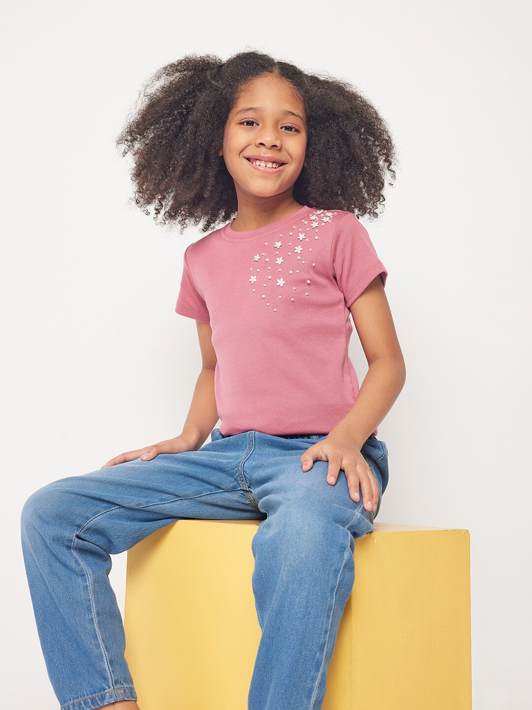 

PAMPOLINA Girls Embellished Cotton Top, Pink