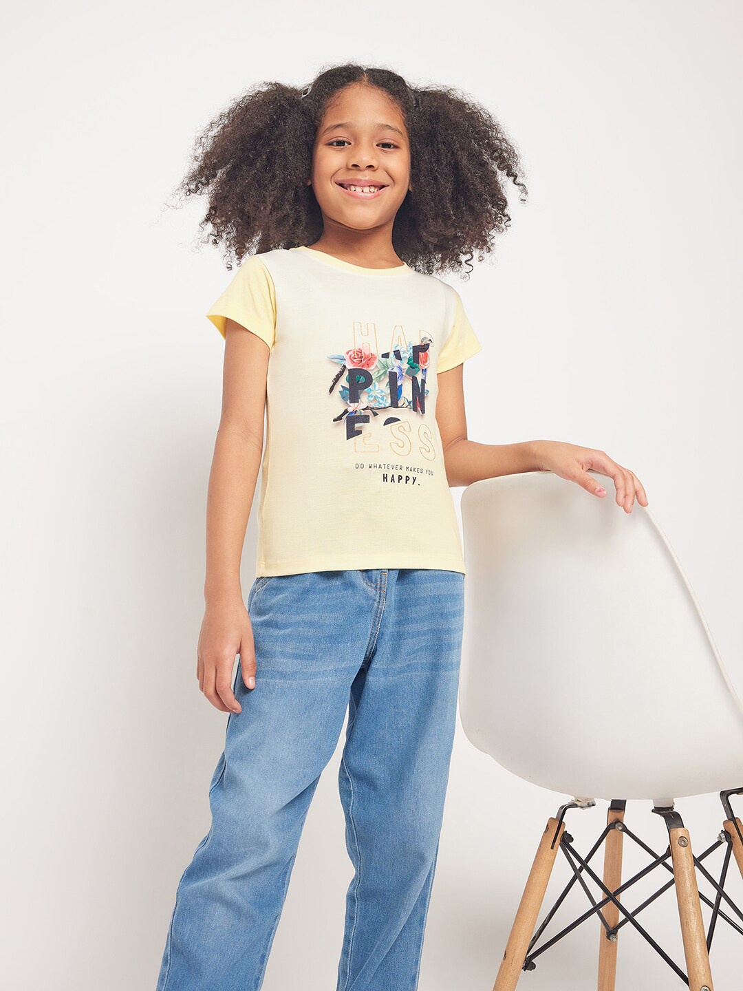 

PAMPOLINA Girls Typography Printed Cotton T-shirt, Yellow